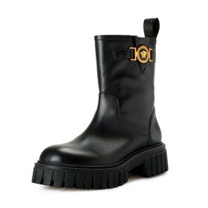 Versace Women's Black Leather Gold Medusa Boots Shoes